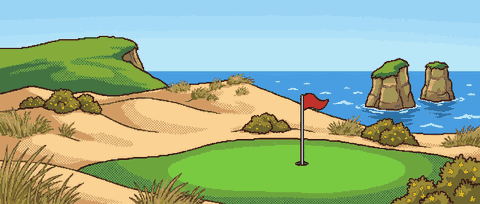 Cartoon Oregon coast golf hole with dunes, gorse and sea stacks